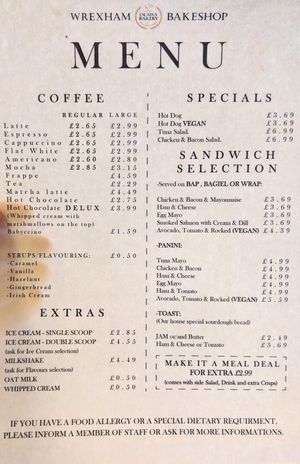 Menu at Wrexham Bakeshop in Wrexham