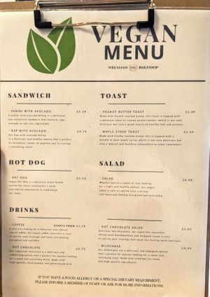 Vegan menu at Wrexham Bakeshop in Wrexham