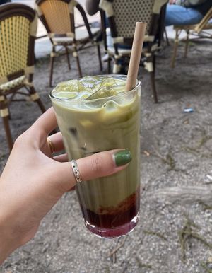 Strawberry matcha with oat milk   at Bröd & Salt in Stockholm