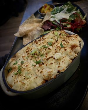 Shepard Pie with pineapple salsa and saladd #Veganuary at The Raven Room in Whistler