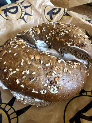 Pumpernickel everything, my fave  at Rosenberg's Bagels & Delicatessen in Denver