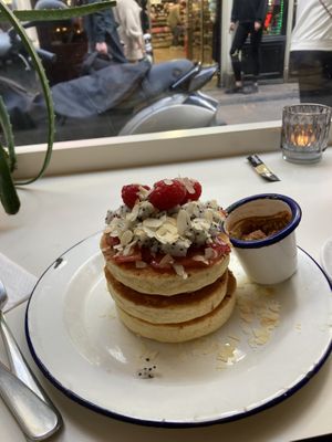 Vegan dragon fruit, strawberry, raspberry and almond pancakes   at Madam Pancake in Amsterdam