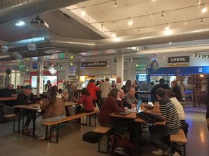 Les trois restaurants mitoyens ici en rouge jaune et bleu. at Les Maraîchers - Pam in Brest