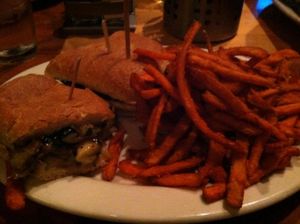 Veggie sandwich and sweet potato fries at Squatters in Salt Lake City