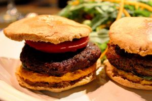 vegan burgers - beetroot (left) and mushroom (right) at Radost Fina Kuhinjica in Belgrade
