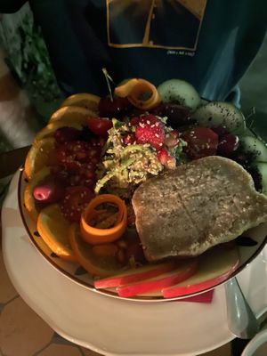 Raw pesto zucchini salad with “almond cheese” on top.  at Radost Fina Kuhinjica in Belgrade