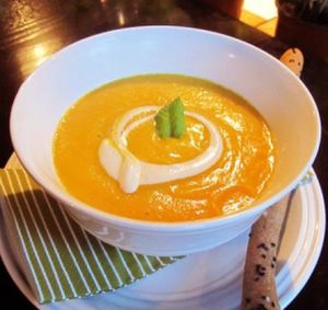 pumpkin and red lentil soup with cashew cream at Radost Fina Kuhinjica in Belgrade