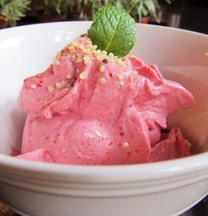 banana ice-cream with sour cherries and hemp seeds at Radost Fina Kuhinjica in Belgrade