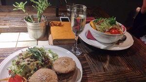 vegan burgers, salad and wine at Radost Fina Kuhinjica in Belgrade