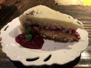 Vegan white chocolate cake with coconut and raspberries  at Radost Fina Kuhinjica in Belgrade