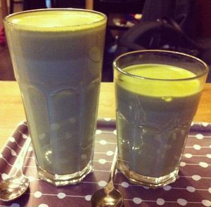 Small and tall Matcha soy latte at Boreal Coffee Shop - Stand in Geneva