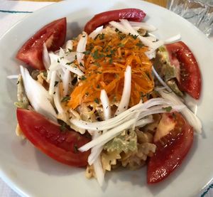 Pasta and pineapple salad as starter  at Las Huellas de Cameros in Soto En Cameros