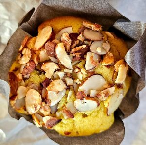 Saffron muffin with almond paste at Cacau Bakery in Santa Rosa