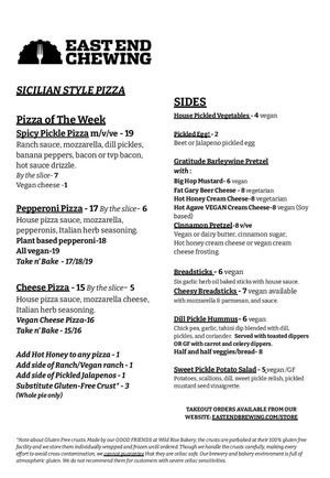 Menu for weekend of 7/21/23. Pickle stuff is likely to change as Picklesburgh ends  at East End Brewing Company in Pittsburgh