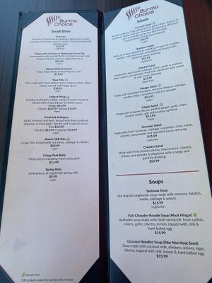 Menu at Burma Choice in San Jose
