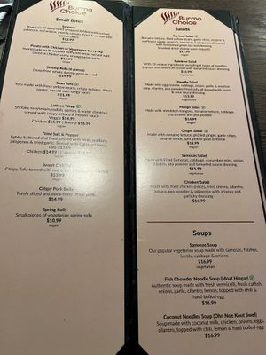 Menu at Burma Choice in San Jose