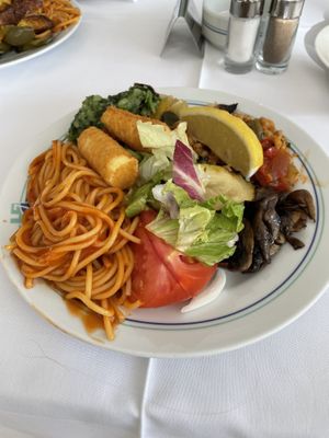 Sample buffet: tomato pasta, bulgar wheat with roast vegetables, salad, potato croquettes  at Hotel Jezero in Plitvicka Jezera