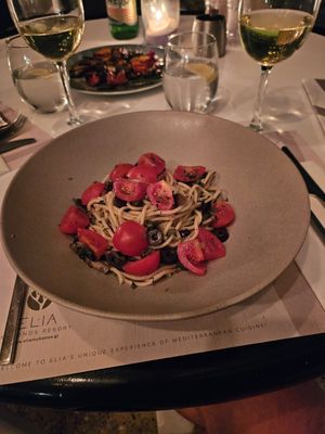 Mediterranian spaghetti at Restaurant Elia Beach in Mykonos