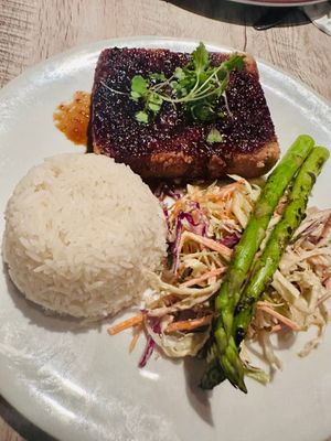 Seasoned sesame tofu, jasmine rice  at Tres Palmas by La Cambija in Rincon