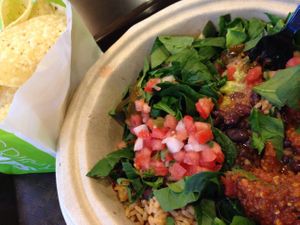 Standard vegan fast food- American style 'burrito bowl' of the no meato burrito variety at California Tortilla in Rockville