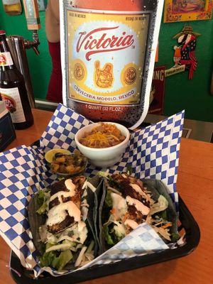 BLACKENED MAHI MAHI FISH TACOS WITH MANGO SALSA, VEGETARIAN RICE & BEAN at The Taco Shoppe in Government Camp