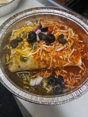 DIVORCED ULTIMATE WET VEGGIE BURRITO WITH RED & GREEN HATCH CHILI ENCHILADA SAUCE at The Taco Shoppe in Government Camp