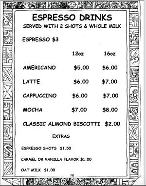 ESPRESSO MENU 12-7-23 at The Taco Shoppe in Government Camp