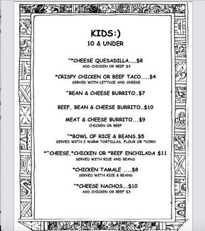 KIDS MENU 12-7-23 at The Taco Shoppe in Government Camp