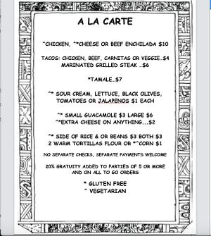 A LA CARTE  MENU 12-7-23 at The Taco Shoppe in Government Camp