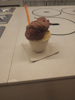 Chocolate with hazelnuts and pumpkin with coffee at CAJÚ Gelato in Barcelona