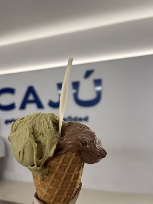 Pistachio and gianduia! Amazing  at CAJÚ Gelato in Barcelona