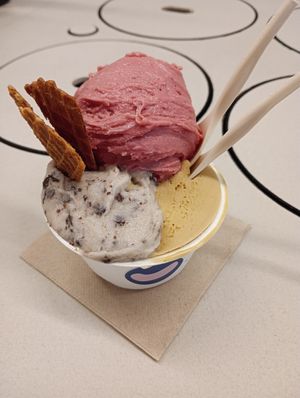 Raspberry, banana and chocolate chip, salted caramel and peanut at CAJÚ Gelato in Barcelona