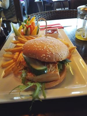 Vegan burger with SILKEN tofu. It's ok if you happen to drop by for beer with friends, but far from tasty... Unfortunately.  at Lidojosa Varde in Riga