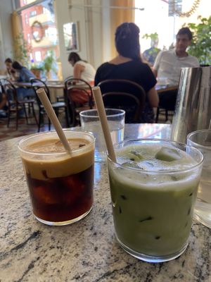 Espresso tonic and iced matcha on oat milk   at Cafe Pom & Flora in Stockholm