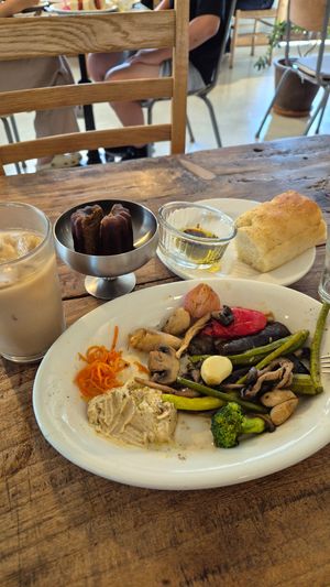 Hummus plate, focaccia, canolli and a latte at Letter of Light - Bichui Anbu - 빛의 안부  in Jeonju