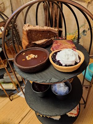 Vegan afternoon tea cakes - carrot cake, berry crumble slice, blueberry tart, chocolate torte at The Forest in Tamworth