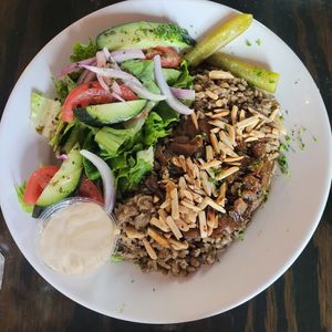 Mujadara Plate and Fool Tahini & Green Beans at Zayna Mediterranean in Tucson