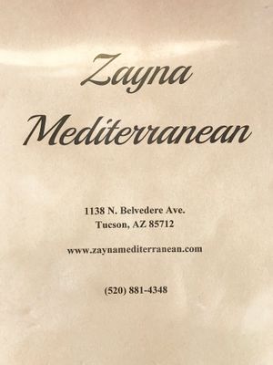 Menu Cover (as of 3/16/2018) at Zayna Mediterranean in Tucson