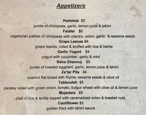 Appetizers Menu (as of 3/16/2018) Note: All items are vegetarian, Most are vegan. (Notify your server that you are ordering vegan) at Zayna Mediterranean in Tucson