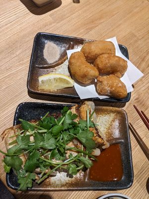 Coriander gyoza and soy 'chicken' at Pariking in Kanazawa