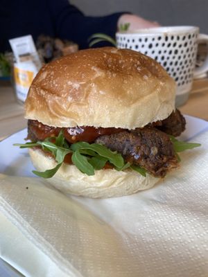 Breakfast homemade vegan sausage sandwhich  at The Allotment Kitchen and Deli in Collingham
