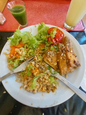 Smoked tofu with rice and salad at Vegetariana in Buenos Aires