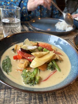 Green curry- tofu in this case but can be mock chicken or mock duck  at Baanrai Thai Cafe and Restaurant in Wetherby