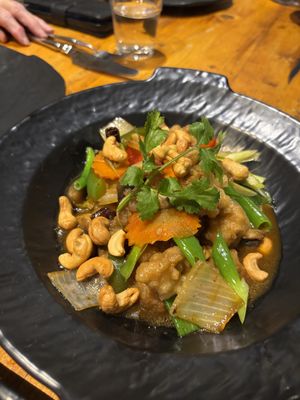 Stir fry cashew nuts with mock chicken in batter - really goodd  at Baanrai Thai Cafe and Restaurant in Wetherby