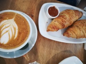 Vegan croissants with apricot jam and rice milk cappuccino at Ecocafe in Budapest