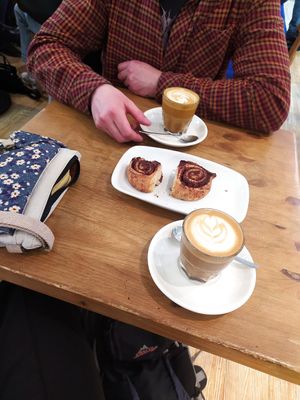 Oat flat white with chocolate roll at Ecocafe in Budapest