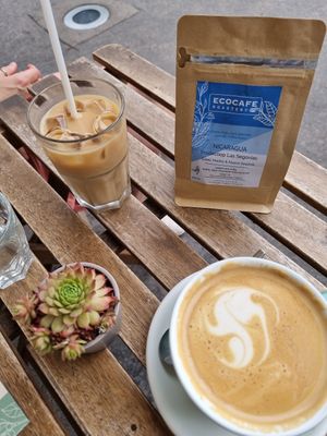 Iced oatmilk latte and oatmilk cappuccino at Ecocafe in Budapest