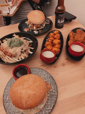 chili cheese fries • buffalo tofu bites • nashville hot “chicken” wings • villain ‘o’ fish • arkan-sauce burger  at Two-Bit Villains in Adelaide