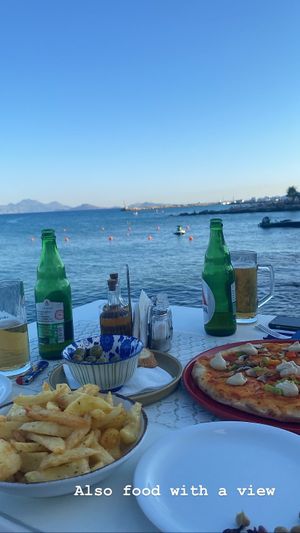 View-pizza, chips and olives  at Sun Beam in Kos