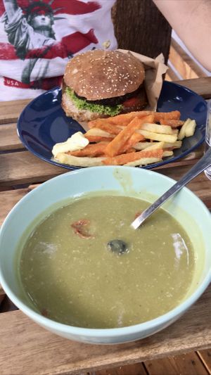 Broccoli soup with baked cherry tomatoes  at VegFood in Prievidza